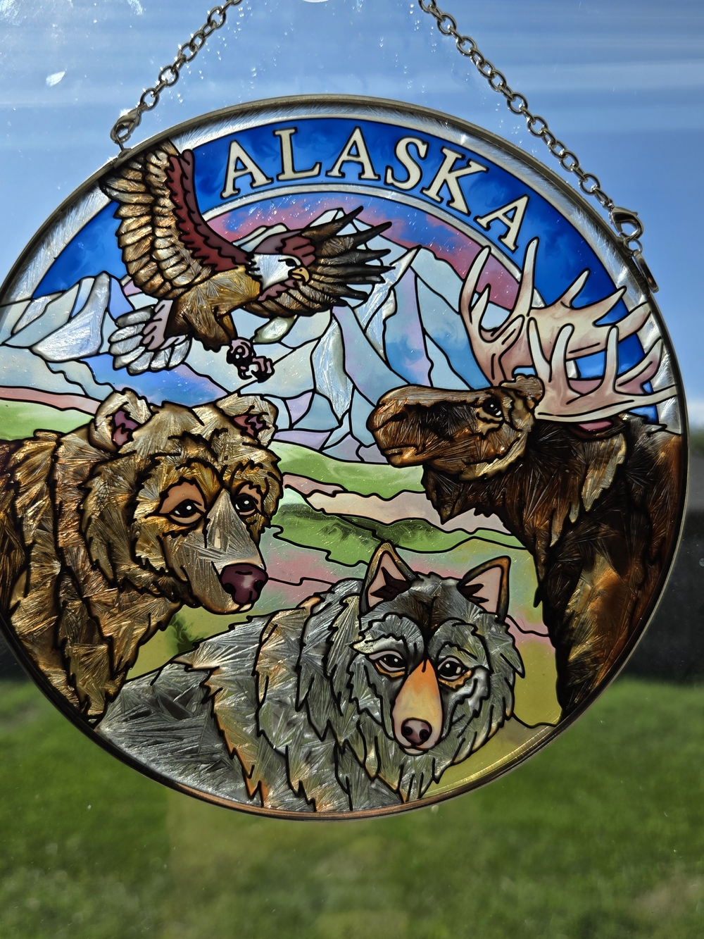 AMIA Alaska Wildlife Stained Glass Suncatcher - Bear Eagle Wolf Moose